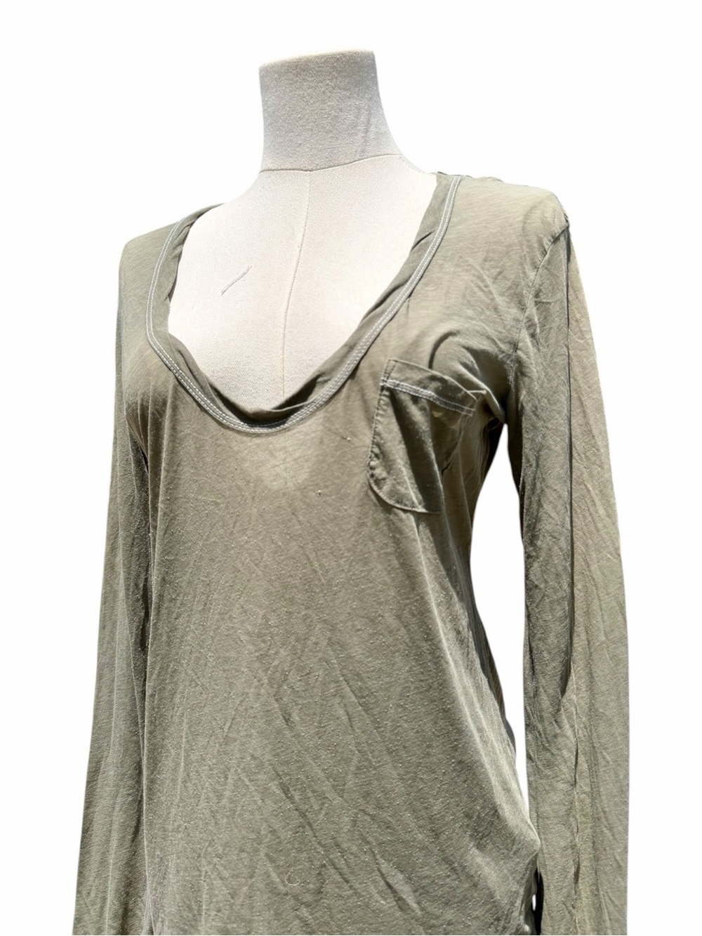 James Perse Long Sleeve Scoop Neck Tee Olive Green Pocket Top Size M 2 Minimal - Picture 3 of 6